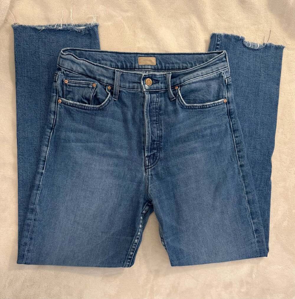 MOTHER Denim Jeans Size 29 Blue Cropped Straight Raw Hem High Rise